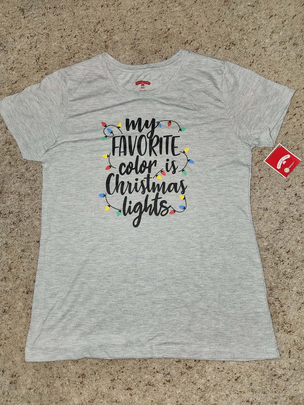 Gray Short Sleeve Tee with Multicolor Christmas Lights Graphic For Woman Size S